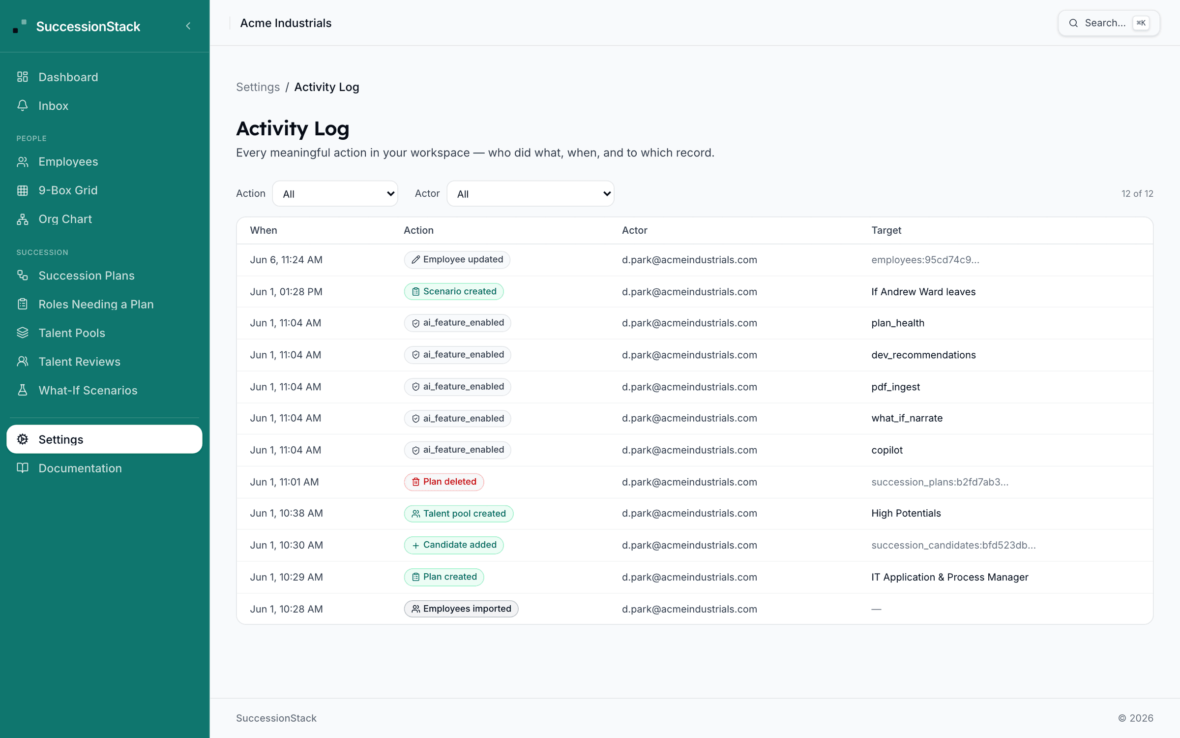 SuccessionStack Audit & Compliance: Activity Log with Action, Actor, Target columns