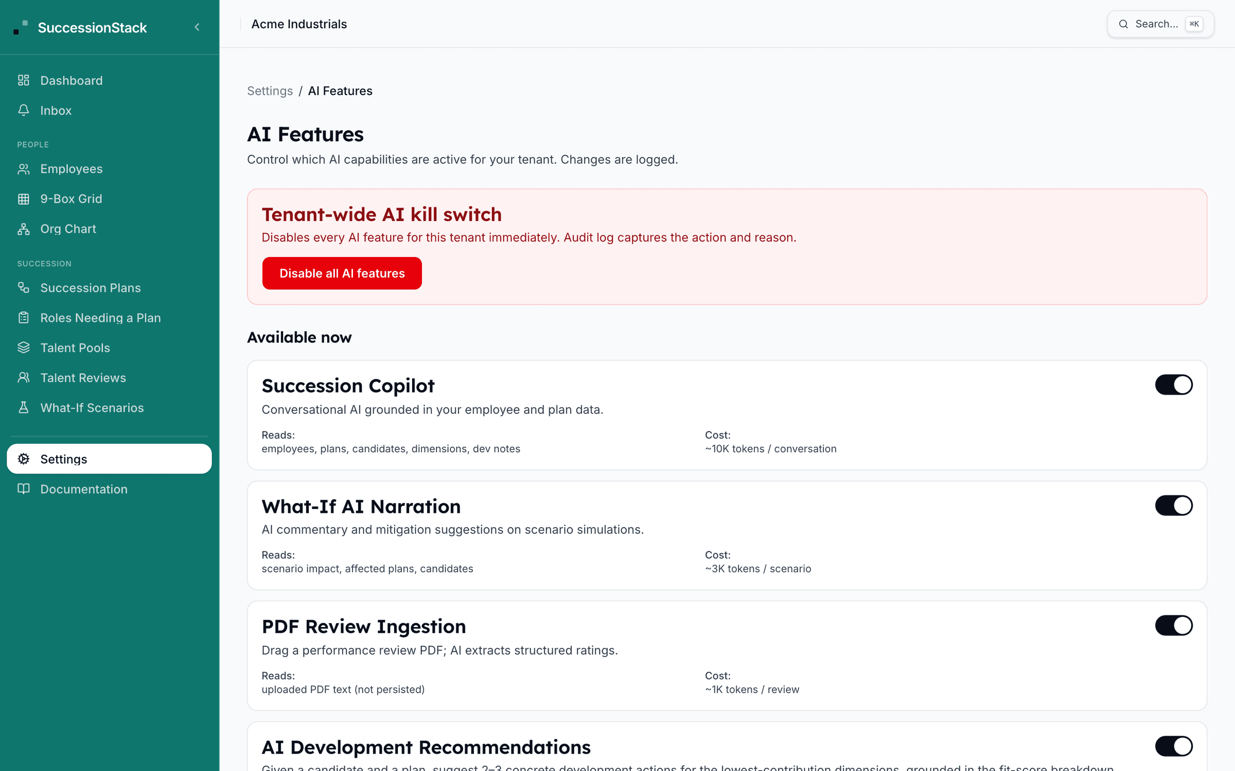 SuccessionStack AI Copilot, What-If Narration, PDF Review: AI Features settings