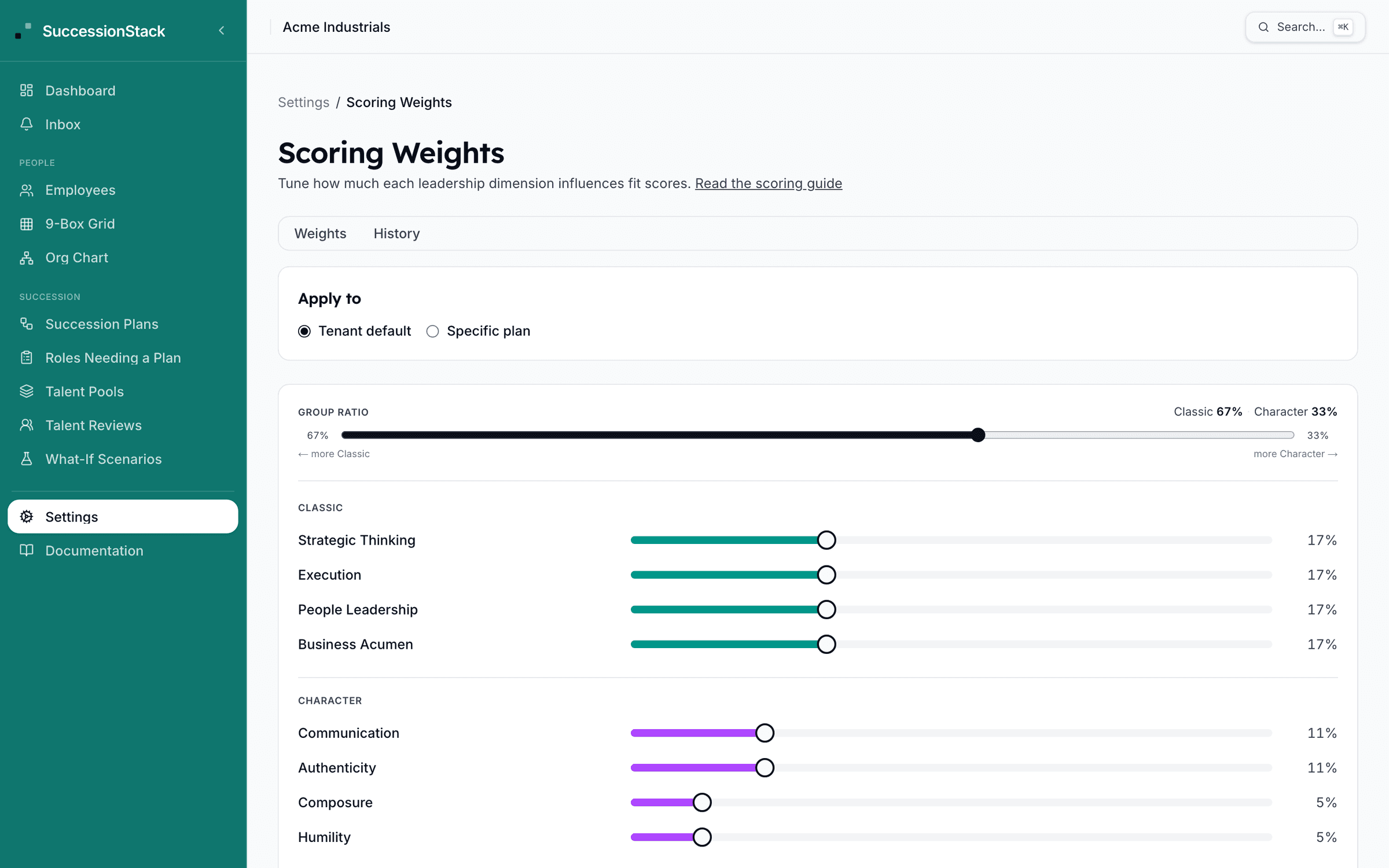SuccessionStack scoring model showing weighted leadership dimensions for a role