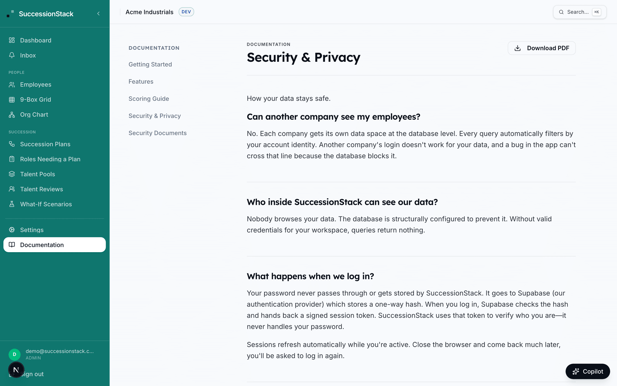 SuccessionStack security documentation hub with downloadable PDFs for IT review