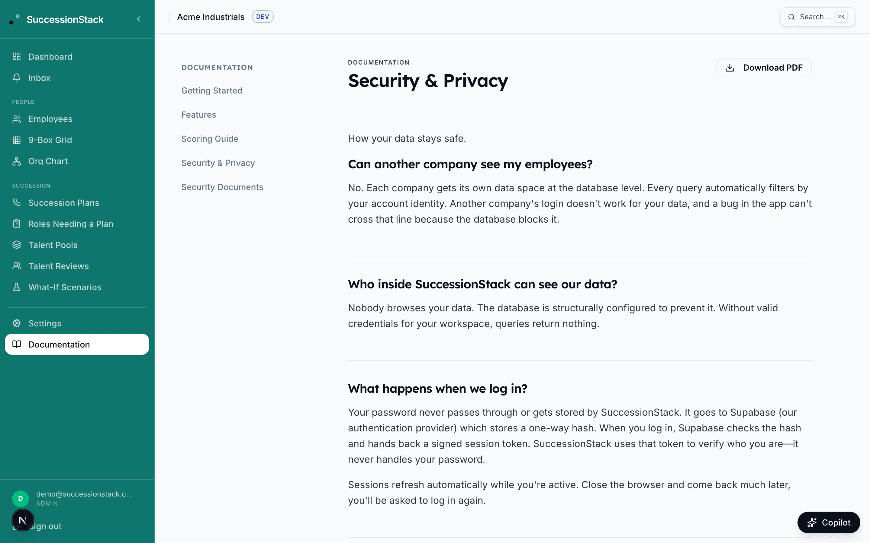 SuccessionStack security documentation hub with downloadable PDFs for IT review